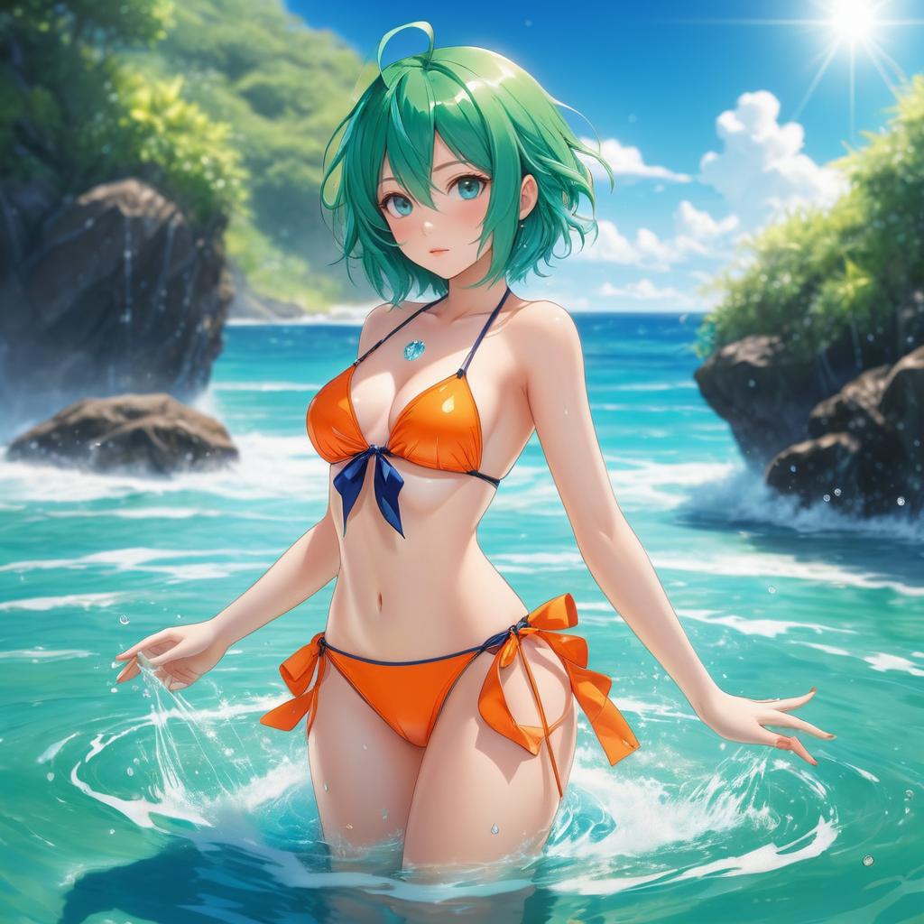 Alluring Green-Haired Anime Girl in Ocean