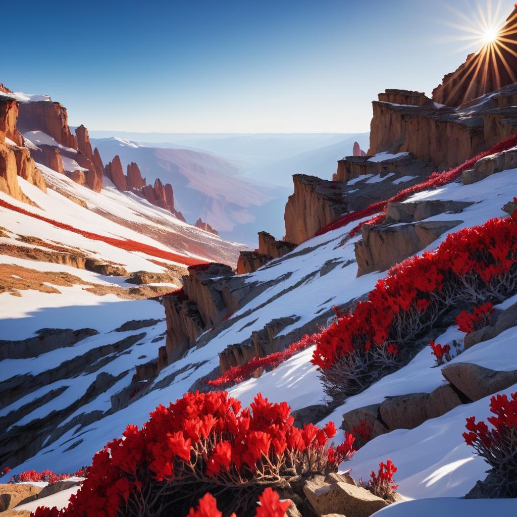 Stunning Cliffs and Red Blossoms in Snow