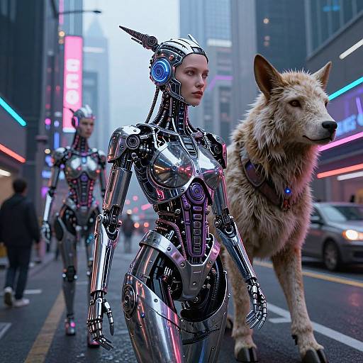 Photorealistic CGI of a futuristic city street with a silver, robotic woman and a large, realistic wolf walking beside neon-lit buildings.