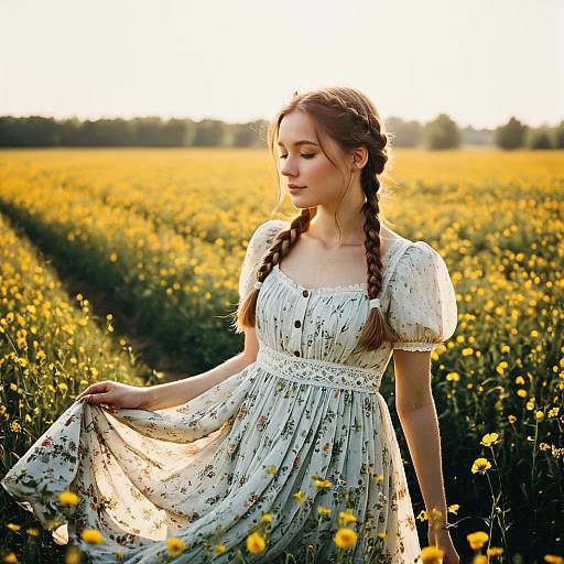 Young Woman with Milkmaid Braids in Floral Field