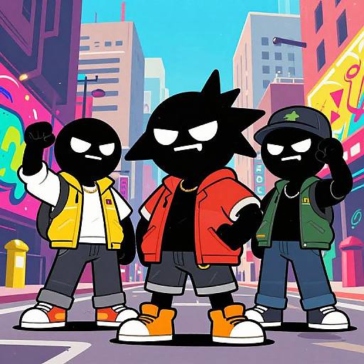 Digital illustration of three black, spiky-haired, anthropomorphic characters in urban streetwear, standing in a colorful, neon-lit city street.