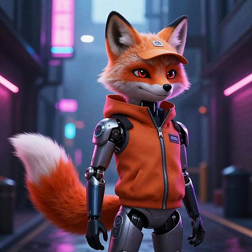 Cybernetic Fox Courier in Neon Urban Alley