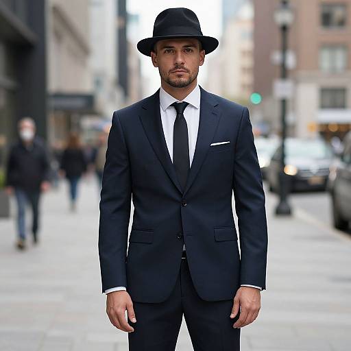Photograph of a handsome man with a trimmed beard, wearing a black suit, white shirt, black tie, and black hat, standing on a blurred