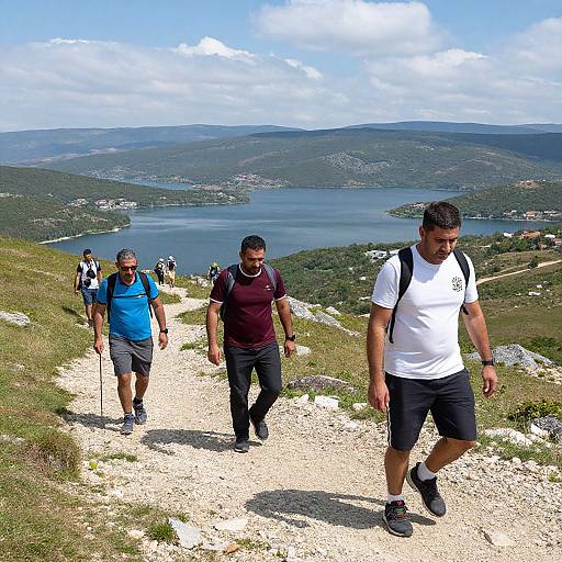Photograph of four men hiking on a rocky trail with a scenic lake and mountain range in the background. They wear casual athletic attire; bright blue,