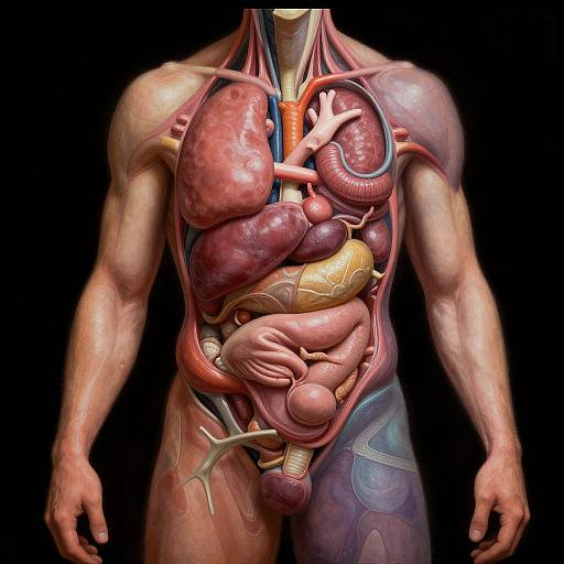 Digital illustration of a male human torso, displaying detailed anatomical structures of the heart, lungs, digestive organs, and blood vessels against a black background.