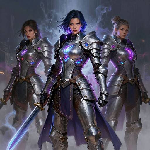 Digital artwork of three fierce female warriors in silver armor with glowing purple accents, holding swords, standing back-to-back in a misty, futuristic cityscape