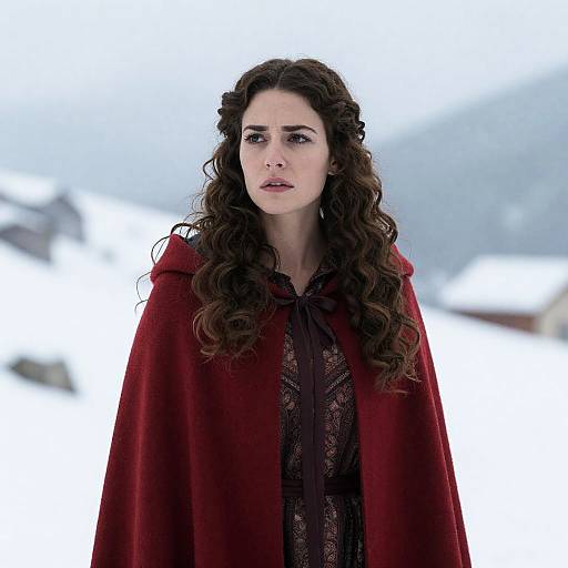 Concerned Woman in Red Cloak Amidst Mountains