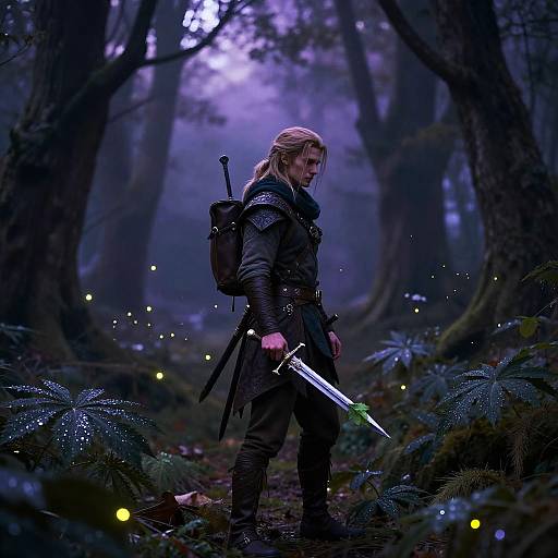 Digital fantasy artwork of a blond, armored warrior with sword and backpack, standing in a dark, misty forest with glowing fireflies.