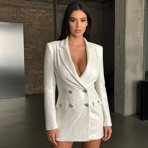 Photograph of a brunette woman with long hair wearing a white, textured, double-breasted coat with deep V-neck, standing in a modern, industrial