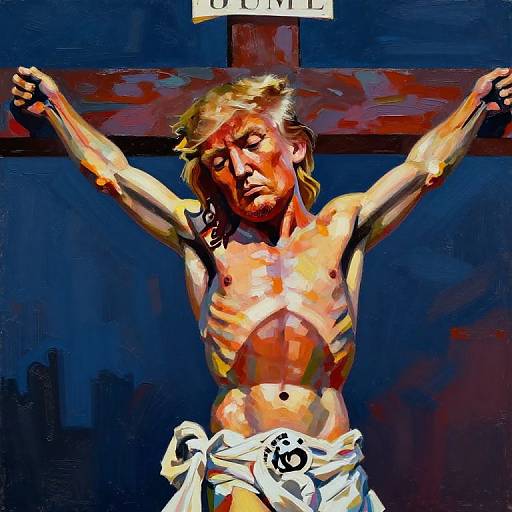 Digital painting of a crucified figure with blond hair, muscular build, exposed chest, white loincloth, arms outstretched, dark blue background