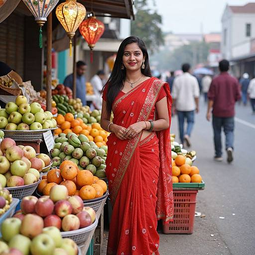 Photograph of a smiling Indian woman in a red saree with gold embroidery, standing at a vibrant street market stall full of apples and oranges, with
