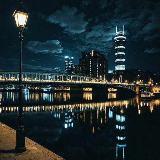Cityscape at Night with Bridge and Tower Reflection