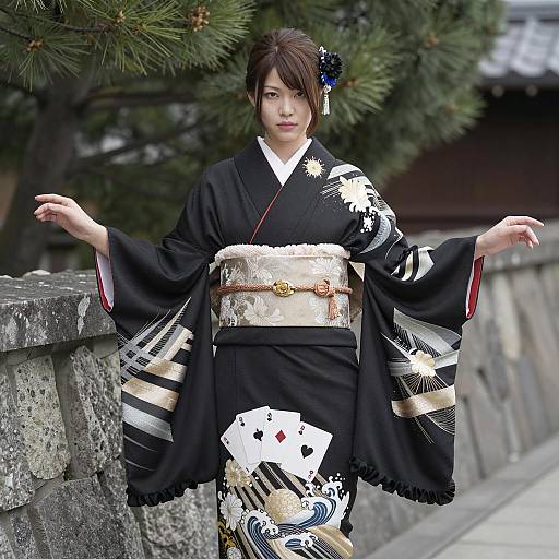 Elegant Asian Woman in Black Kimono