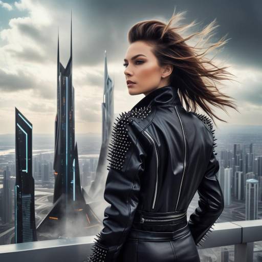 Woman in Spiked Leather Jacket with Futuristic Cityscape