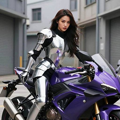 Woman in Metallic Armor on Purple Motorcycle
