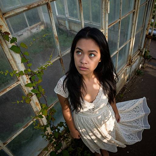 Young Woman in Lace Dress in Abandoned Greenhouse
