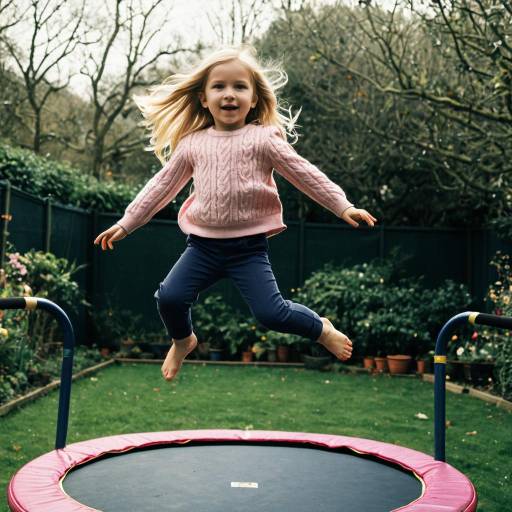 Young Girl Jumping on Trampoline in Garden