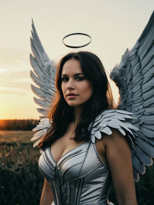Woman in Grey Angel Wings Costume at Sunset