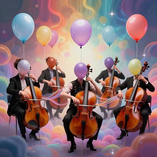Photograph of four musicians in black suits, playing cellos, each holding colorful balloons, set against a vibrant, rainbow-lit, bubble-filled background
