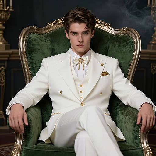 Photograph of a handsome young man with dark hair, wearing a white double-breasted suit, bow tie, and gold accents, seated in an orn
