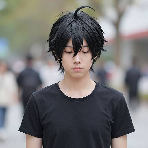 Photograph of an Asian teenage boy with messy black hair, closed eyes, and a black t-shirt, standing in a blurred urban background.