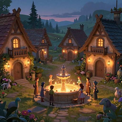 Fantastical digital painting of a twilight village gathering around a glowing stone fountain, surrounded by quaint cottages, colorful flowers, and whimsical creatures.