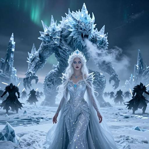 Digital art: Snowy fantasy scene with a white-haired queen in a sparkling ice dress, crowned, standing before a massive, icy dragon and shadowy