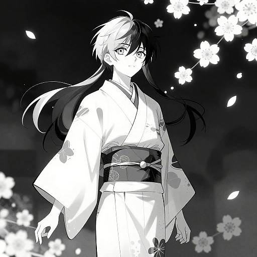 Monochrome anime-style digital drawing of a long-haired woman in a traditional kimono, surrounded by falling cherry blossoms, looking serene.