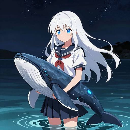 Digital anime drawing of a white-haired girl with blue eyes, wearing a sailor school uniform, holding a glowing blue whale toy in a nighttime ocean.