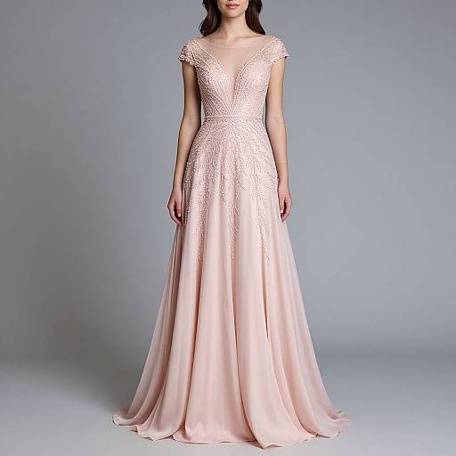 Photograph of a slender woman in a floor-length, pink satin ball gown with lace detailing and cap sleeves, standing against a plain gray background.