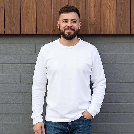 Photograph of a bearded man with short dark hair, wearing a white long-sleeve shirt and blue jeans, standing against a gray brick wall