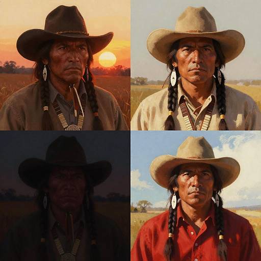 Photograph collage of Native American man with long braids, wearing wide-brimmed hat, traditional clothing, against sunset and daylight backgrounds.
