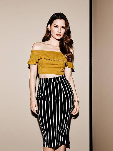 Woman in Mustard Crop Top and Striped Pencil Skirt
