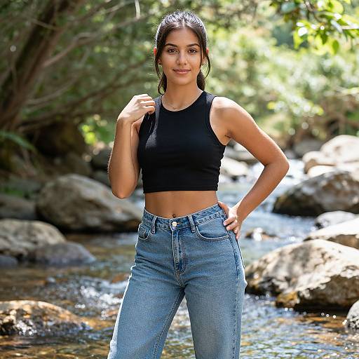 Photograph of a young woman with dark hair in a ponytail, wearing a black crop top and high-waisted blue jeans, standing confidently in
