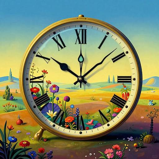 Digital painting of a giant clock face with black Roman numerals, surrounded by vibrant flowers in a colorful, sunny meadow.
