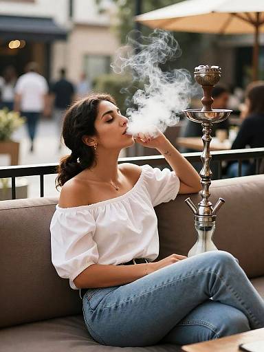 Cozy Terrace Woman Smoking Shisha