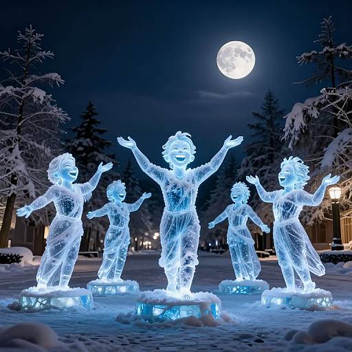 Photograph of glowing, translucent ice sculptures of five dancing children with outstretched arms, under a full moonlit night sky, surrounded by snow-covered