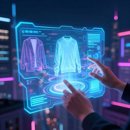 Neon-lit virtual interface showing a glowing blue jacket, with hands interacting; cityscape with colorful lights blurred in background. Digital CGI.