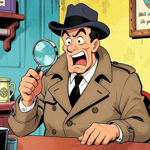 Cartoon of a shocked, mustached detective in a brown coat and black hat, holding a magnifying glass, behind a wooden table.