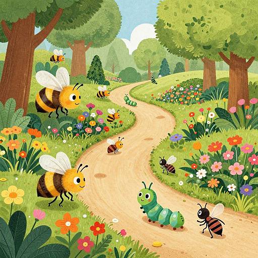 Whimsical Garden Path with Playful Insects