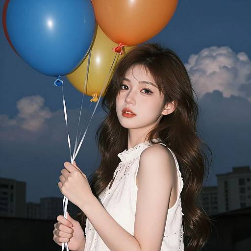 Photograph of an Asian woman with long, wavy black hair, wearing a white lace dress, holding blue, yellow, and orange balloons against a