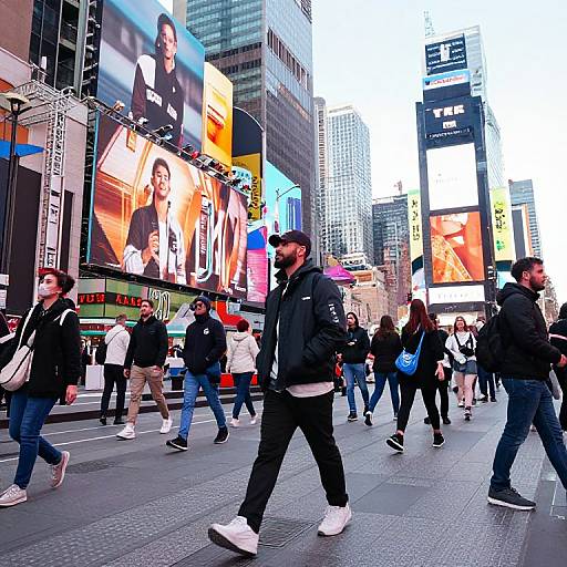 Busy urban street scene photograph of diverse pedestrians walking past large, colorful billboards in a modern city, with tall buildings in the background.