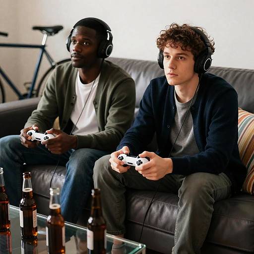 Chilling Gamers on a Leather Couch