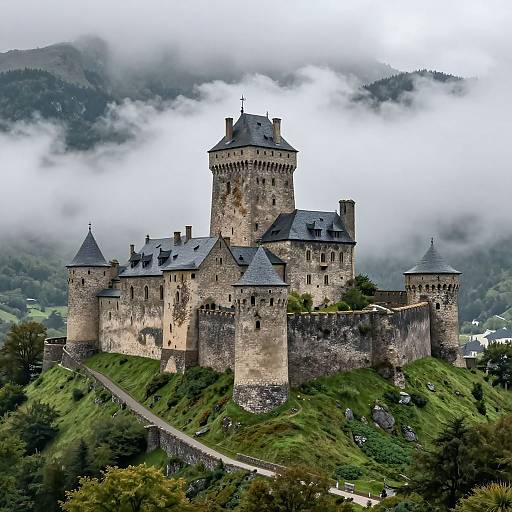 Photograph of a medieval stone castle with multiple towers, surrounded by misty mountains and lush green hills, with a winding path leading to its entrance.