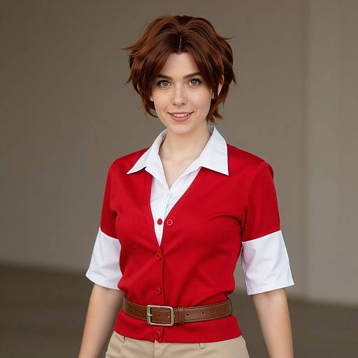 Photorealistic CGI woman with short brown hair, red and white button-up shirt, brown belt, and beige pants, standing against a plain gray background