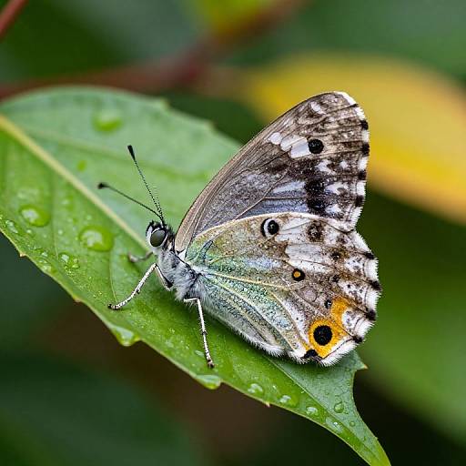 Close-up photograph of a small butterfly with black, white, and orange patterned wings, perched on a green, dew-covered leaf.