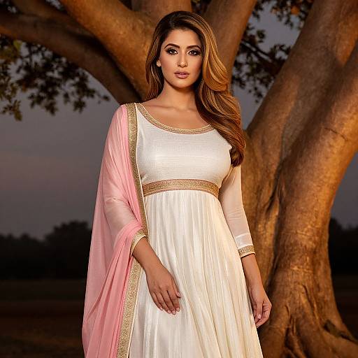 Photograph of a beautiful woman with long, wavy brown hair, wearing a white dress with gold trim and pink shawl, standing in front of