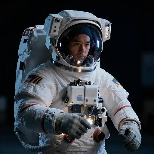 Blue-Lit Astronaut Holding Glowing Object