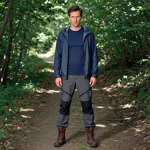 Photograph of a fit, white man with short brown hair, wearing a navy shirt, black jacket, gray cargo pants, and brown boots, standing