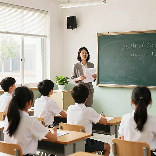 Teacher at Chalkboard in Daylit Classroom
